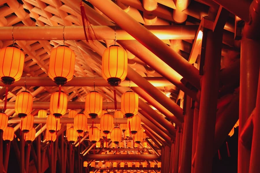 Rows of glowing red paper lanterns